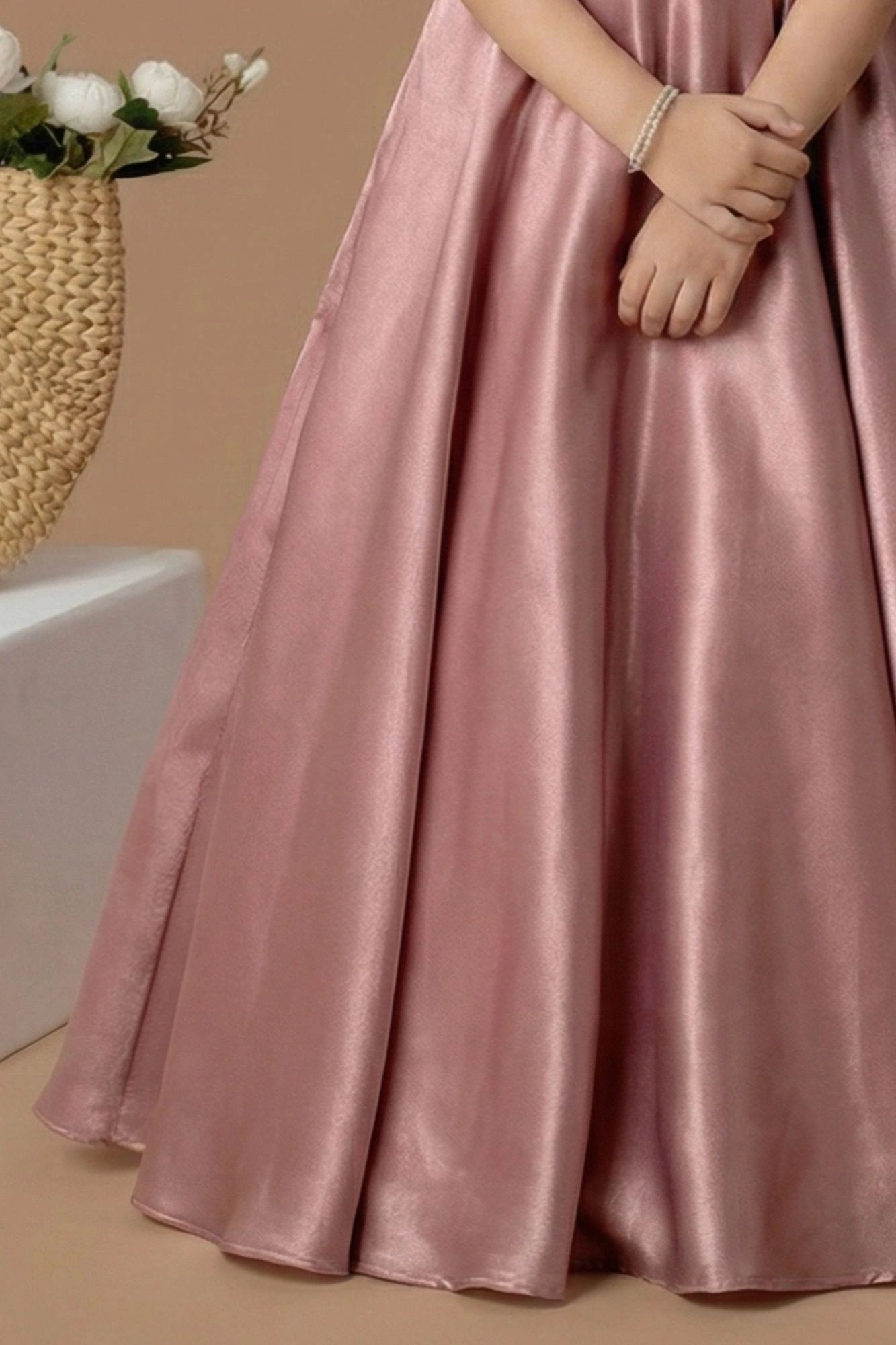 Designer Fawn Floral Appliqué Party Wear Gown For Girls
