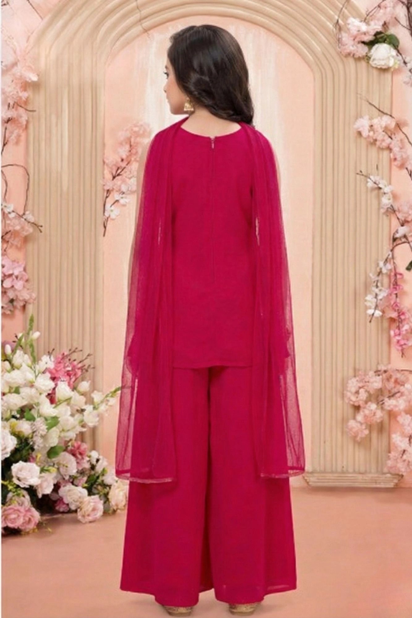 Rani Pink Palazzo Set With Embroidered Multicolor Peplum Top For Girls