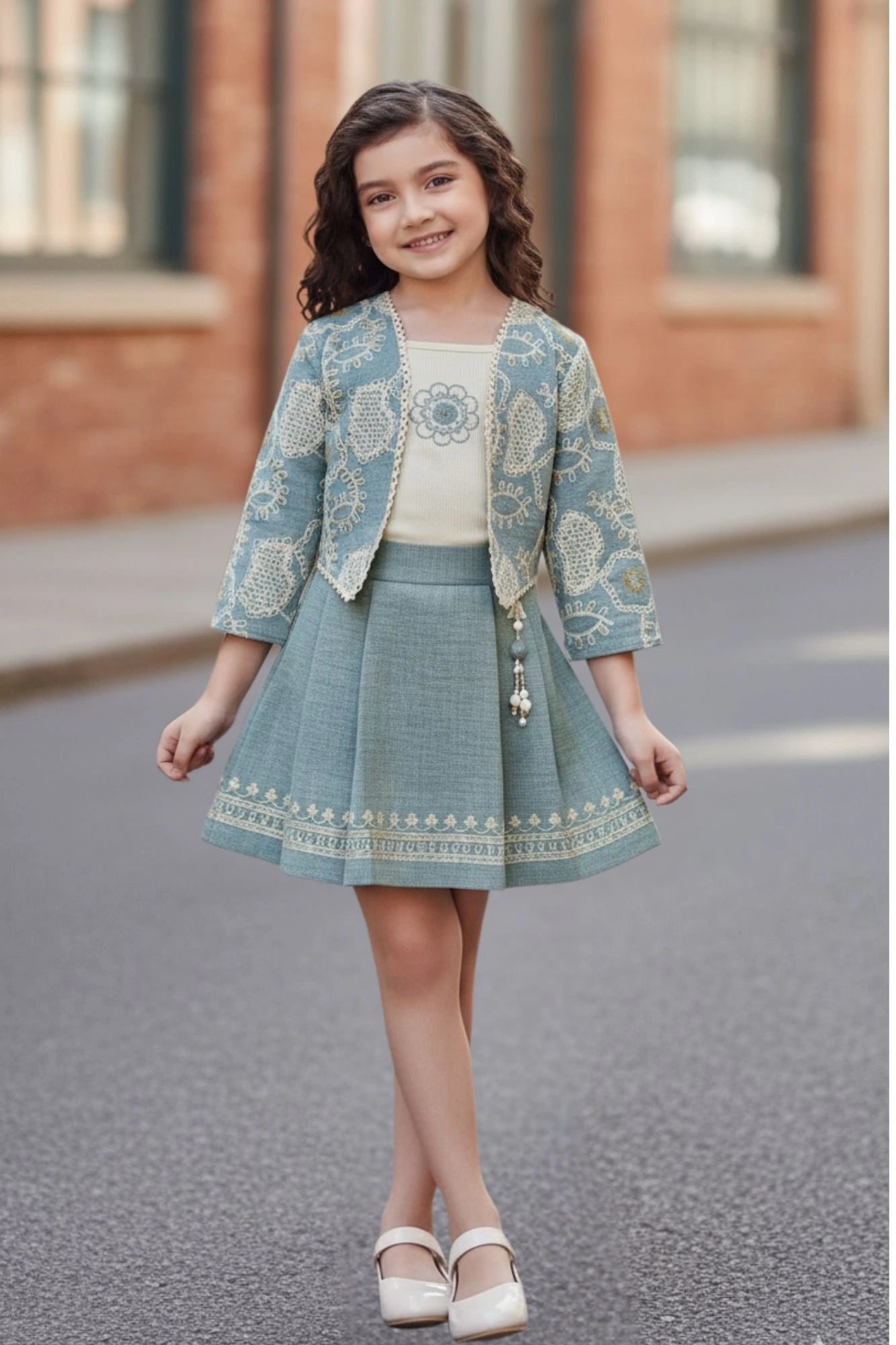 Sea Green Embroidered Jacket & Skirt Co-ord Set For Girls