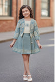 Sea Green Embroidered Jacket & Skirt Co-ord Set For Girls