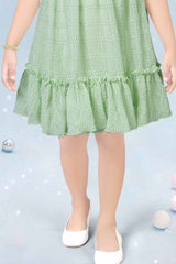 Pista Green Dress With Cold Shoulder Sleeves For Girls