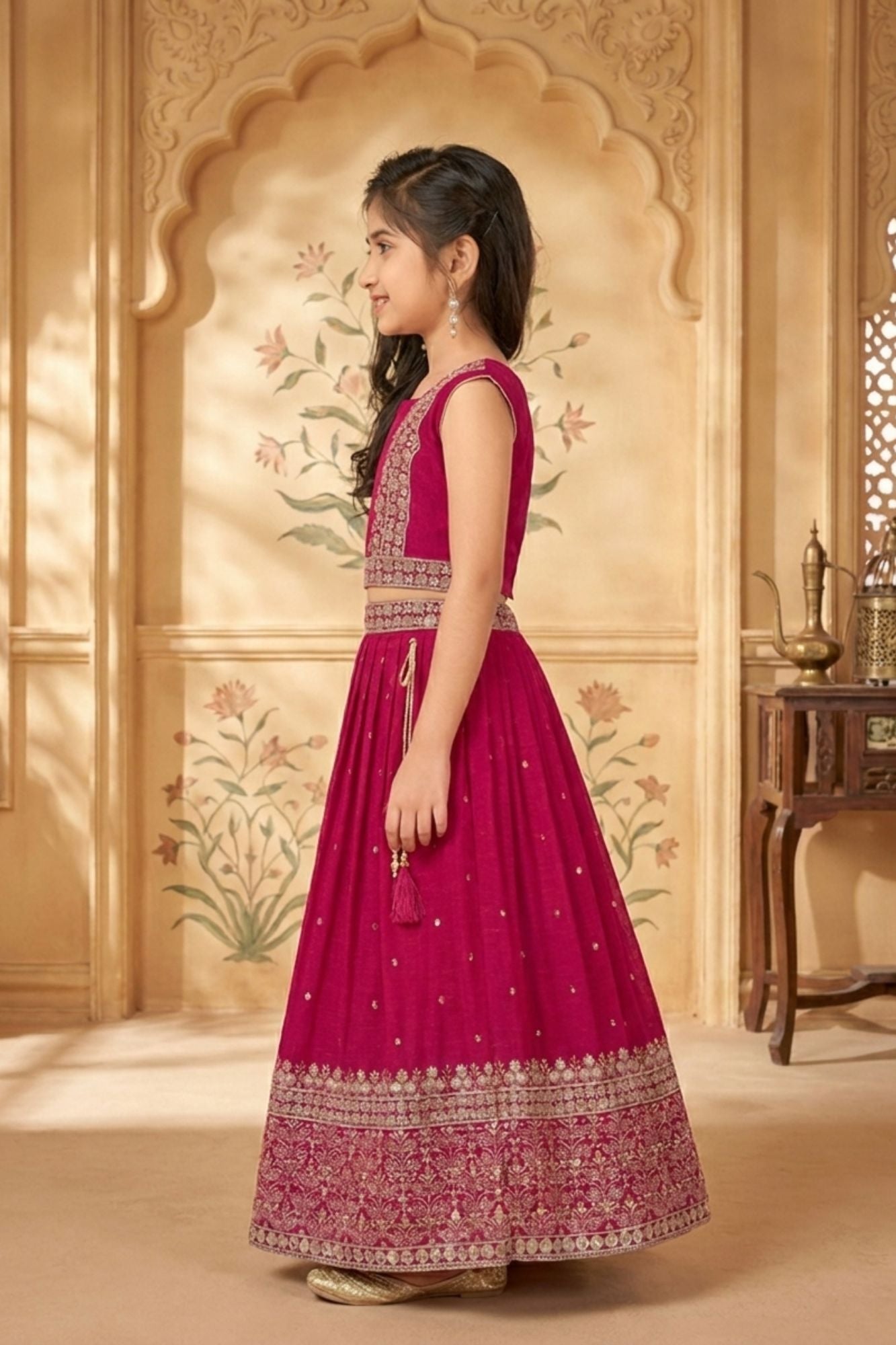 Girls Rani Pink Embroidered Lehenga Choli with Dupatta