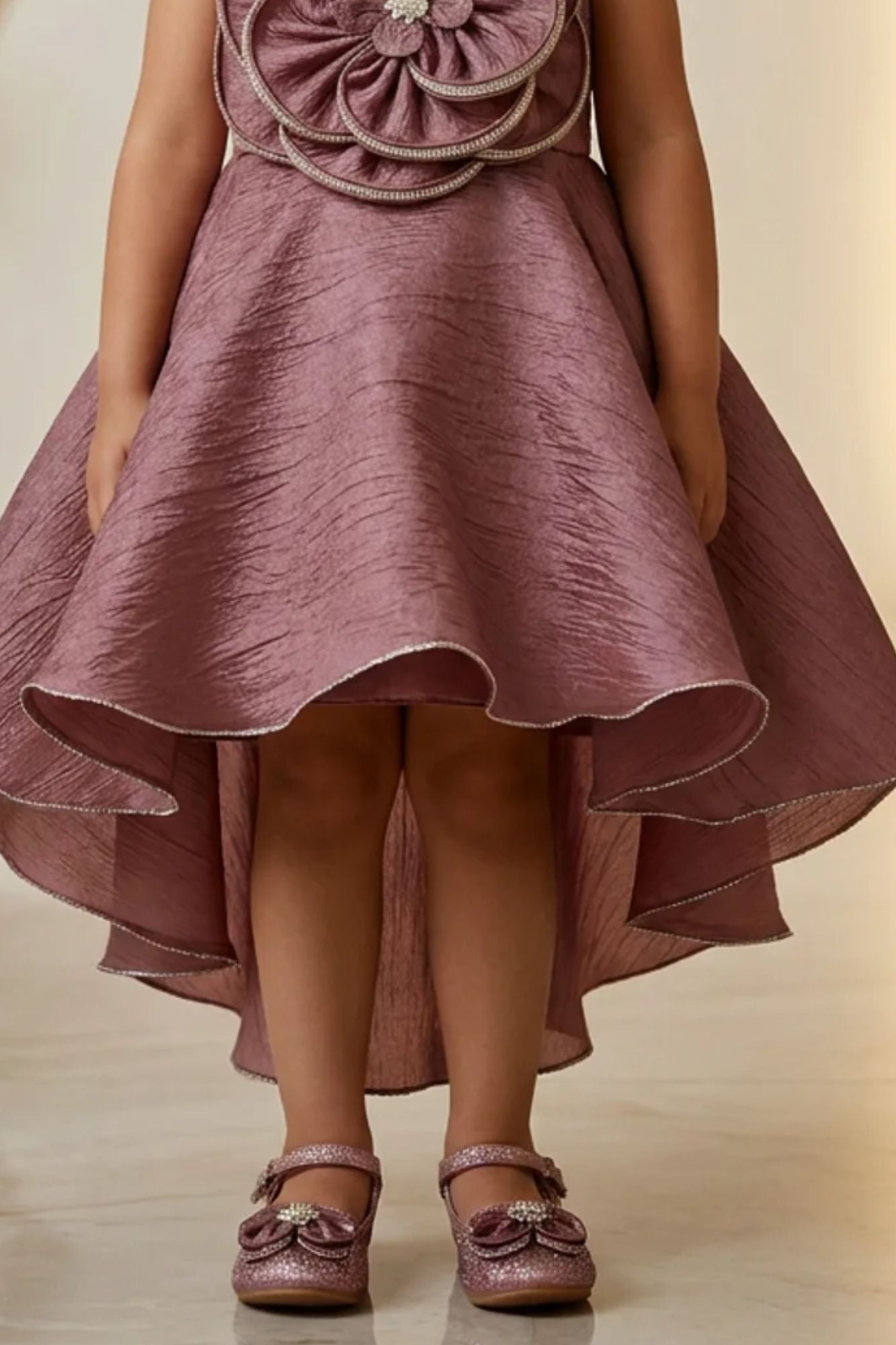 Girls Copper High Low Party Frock with 3D Floral Applique