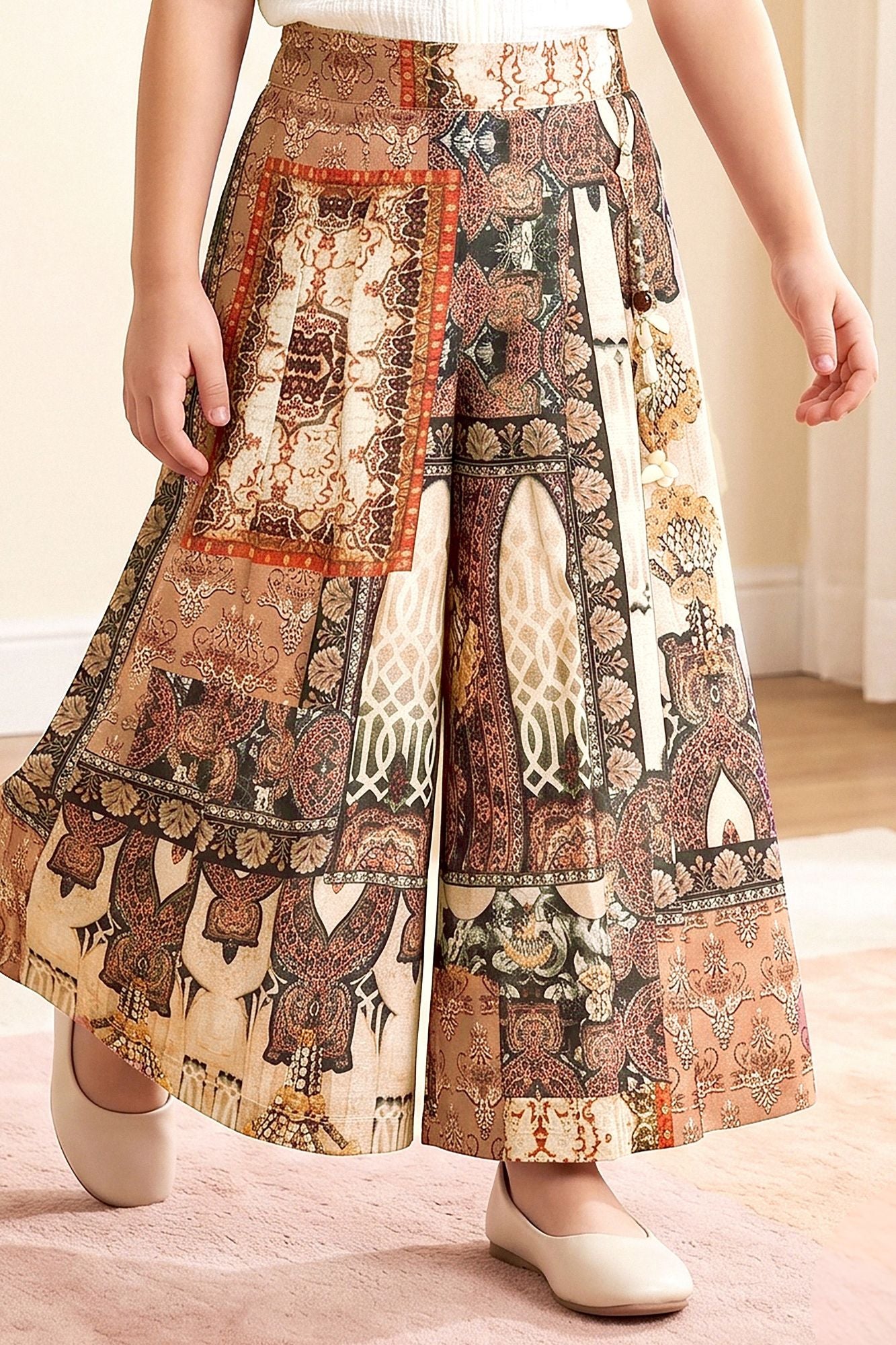 Elegant Ivory Top And Ethnic Print Wide-Leg Co-Ord Set for Girls