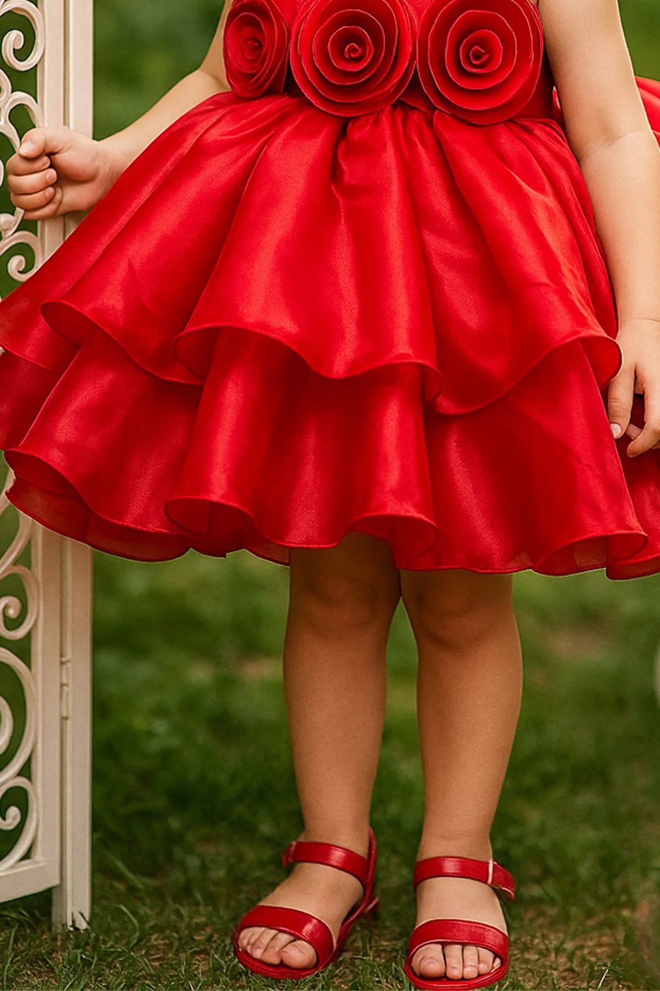 Red Floral Appliqué Tiered Frock For Girls
