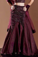 Wine Sequin Embellished Fish Cut Lehenga Set For Girls