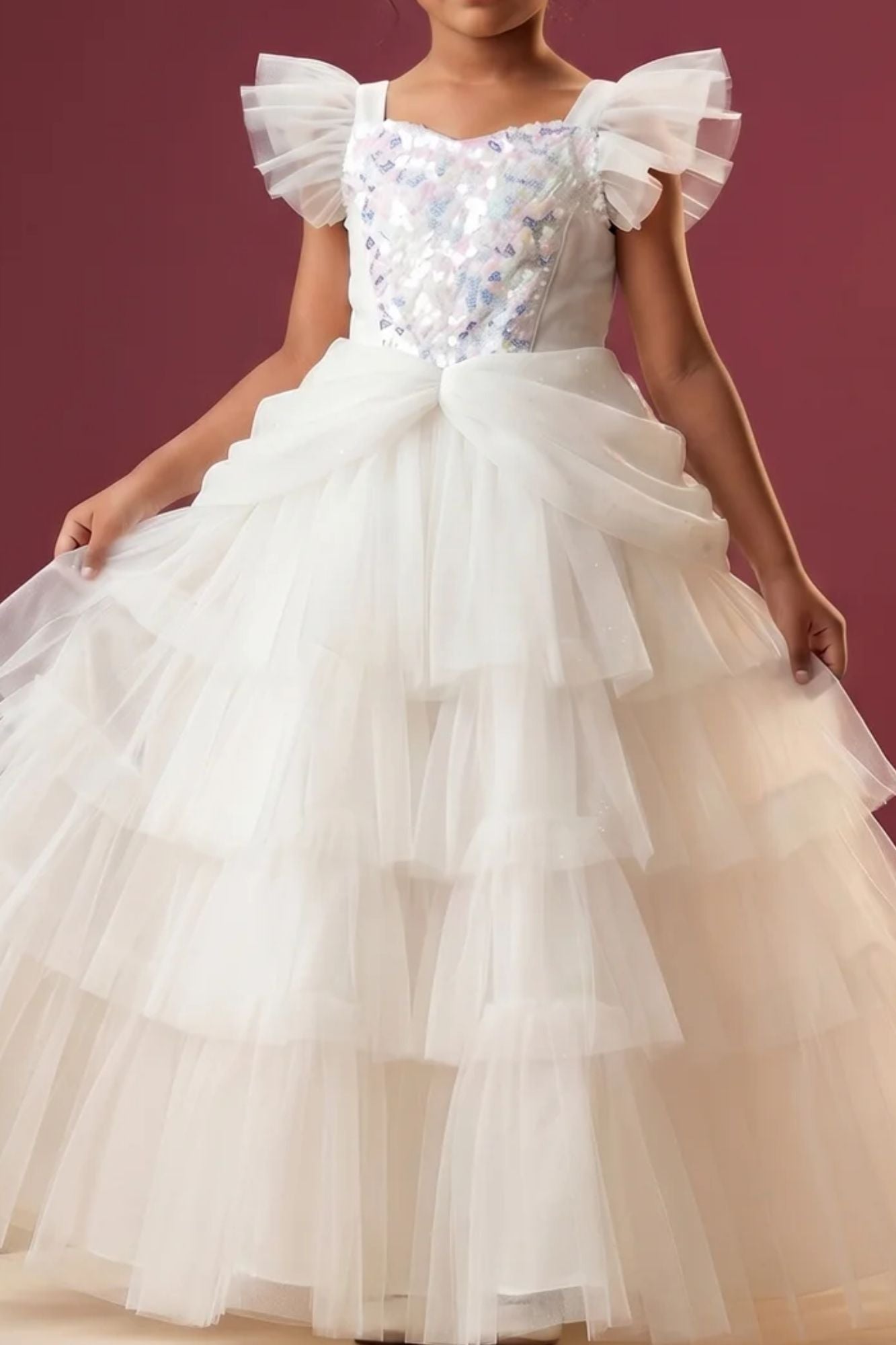 Girls White Sequin Embellished Layered Net Party Wear Gown