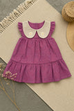 Adorable Girls Mauve Leaf Print Dress with Contrast Peter Pan Collar