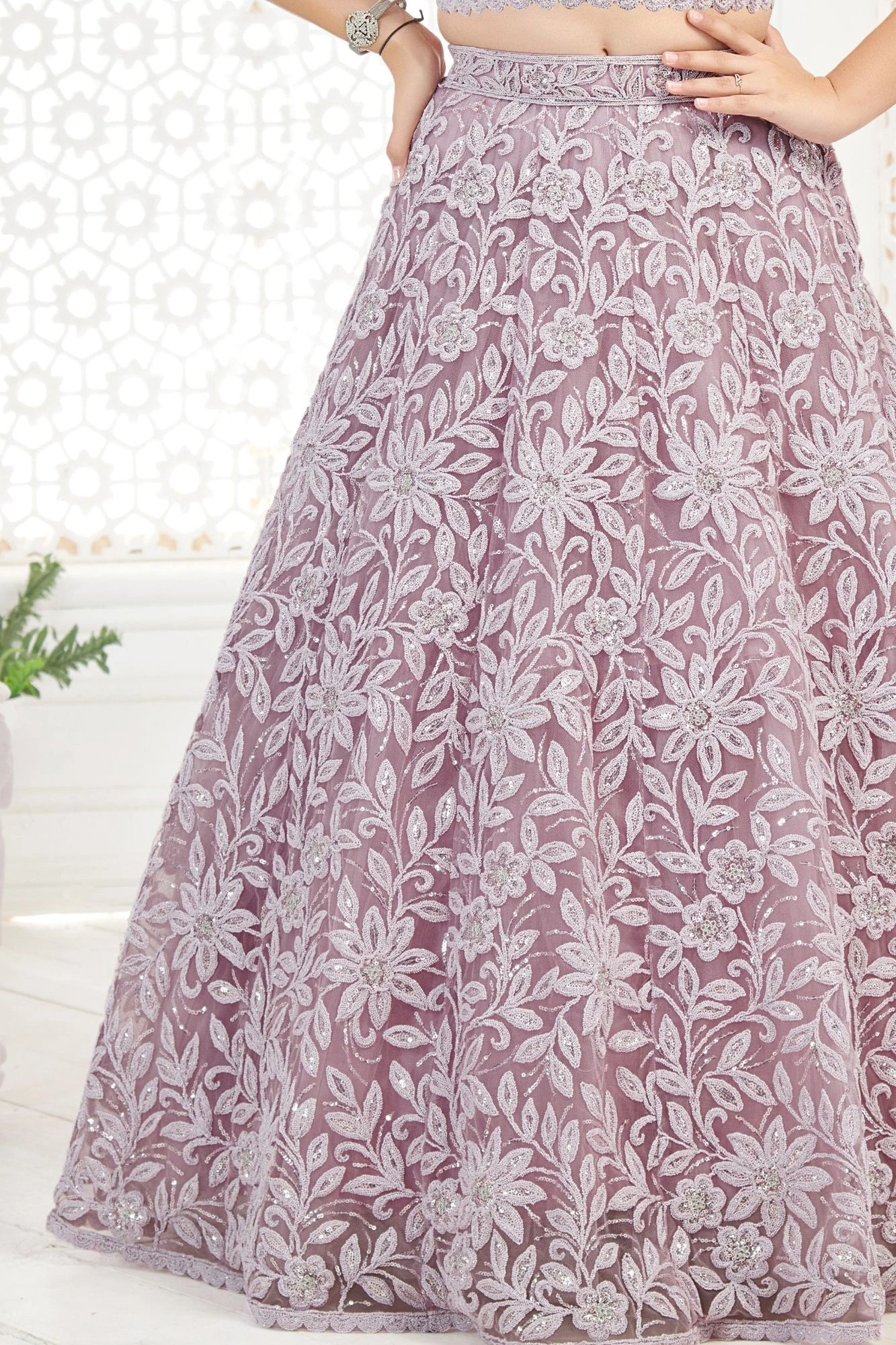 Onion Pink Embroidered Lehenga Choli with Sequin Work For Girls