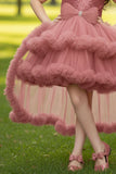 Dusty Pink Sequin High-Low Party Dress with Layered Ruffle Hem For Girls
