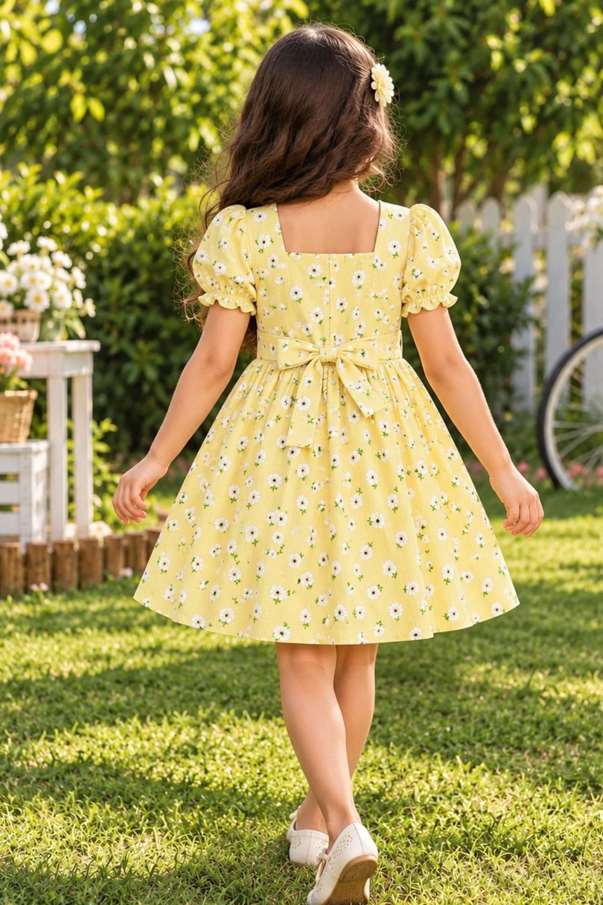 Girls Yellow Floral Printed Puff Sleeve Fit And Flare Dress