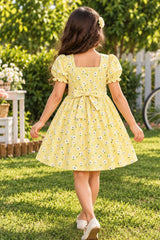 Girls Yellow Floral Printed Puff Sleeve Fit And Flare Dress