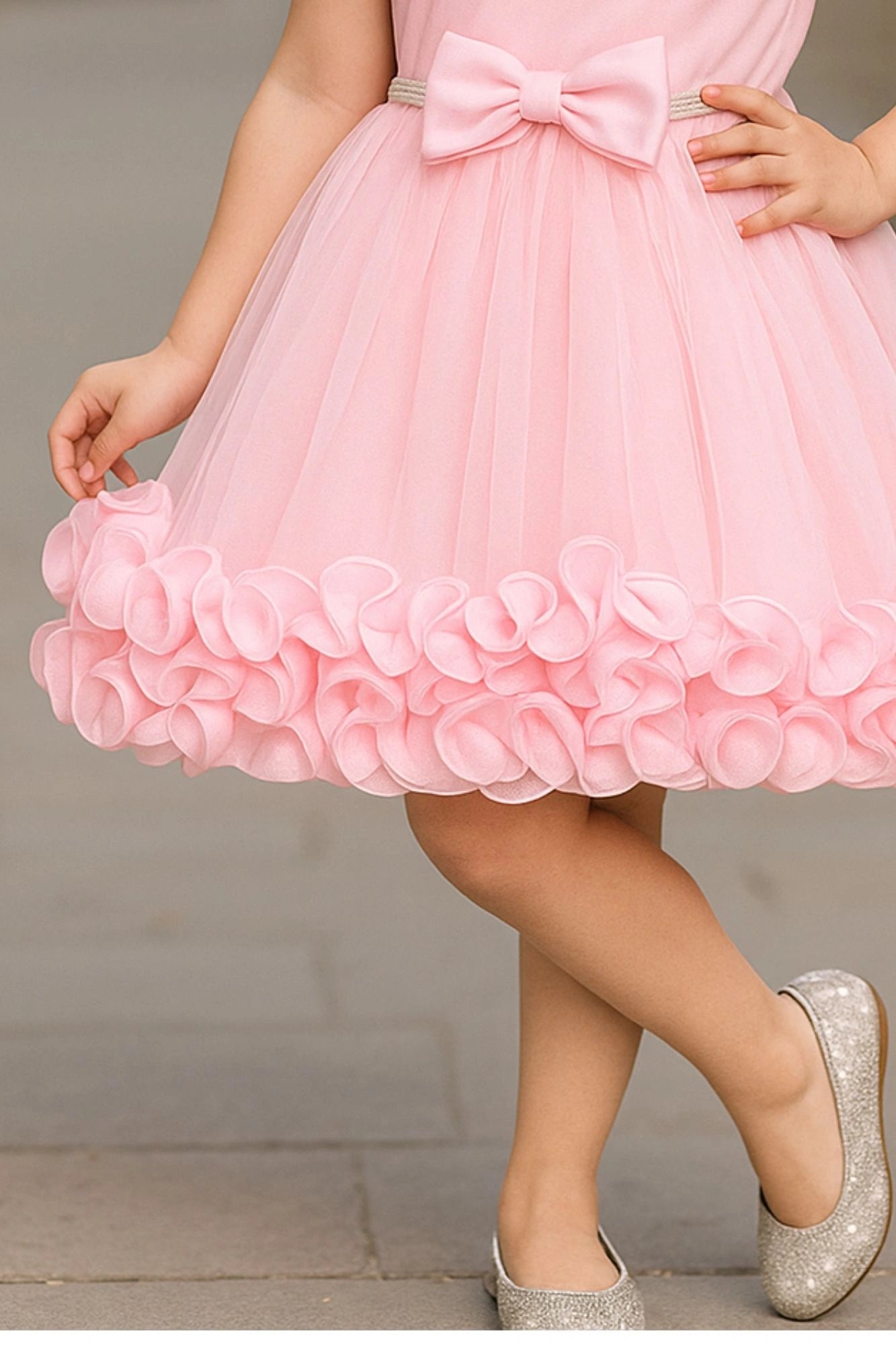 Baby Pink Party Wear Frock with 3D Ruffled Detailing & Waist Bow For Girls