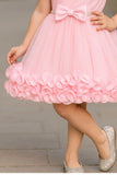 Baby Pink Party Wear Frock with 3D Ruffled Detailing & Waist Bow For Girls