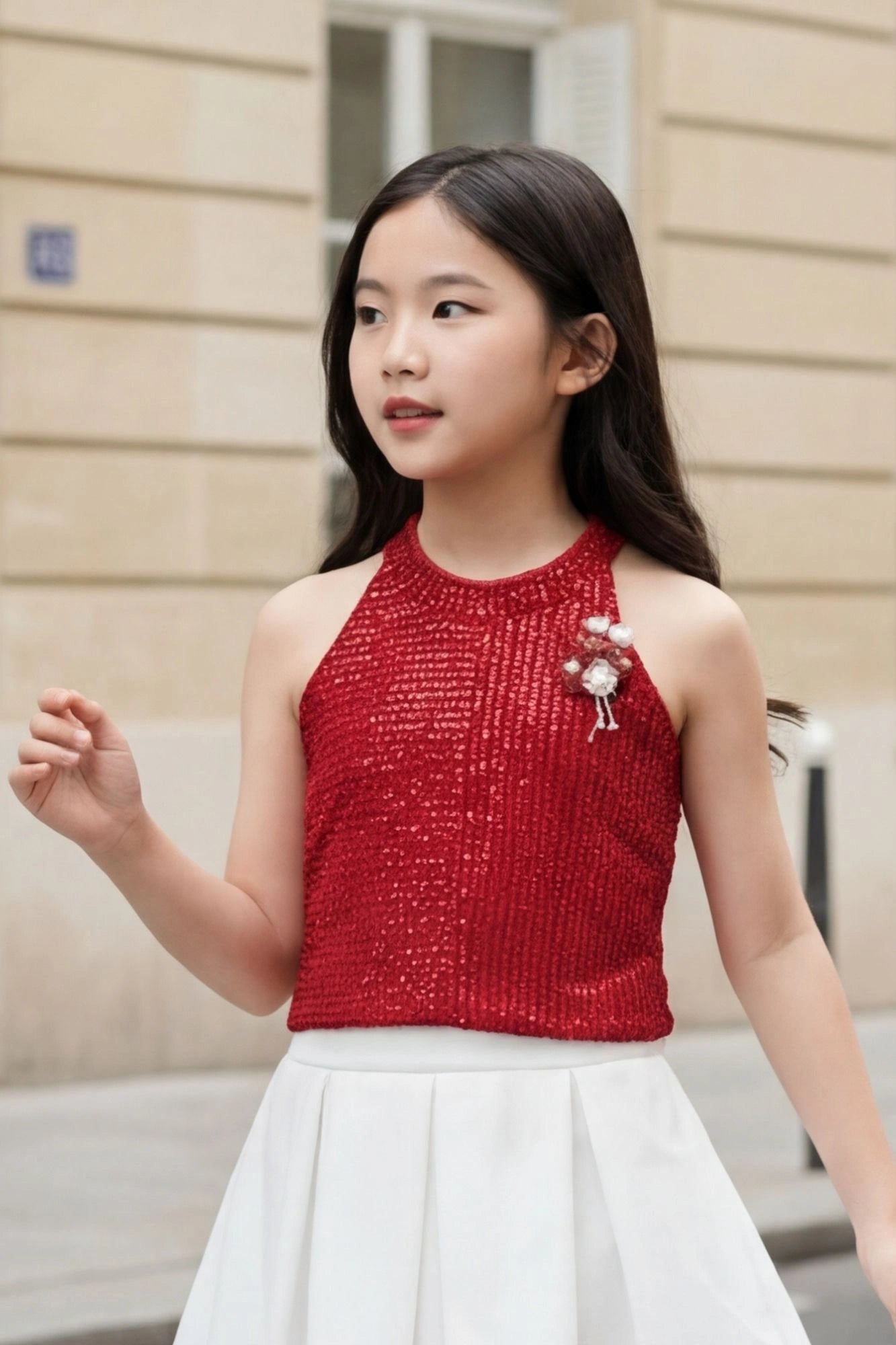 Red Sequin Halter Top & White Pleated Skirt Co-ord Set For Girls
