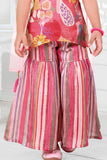 Rani Pink Floral Kurti and Striped Sharara Set With Dupatta For Girls