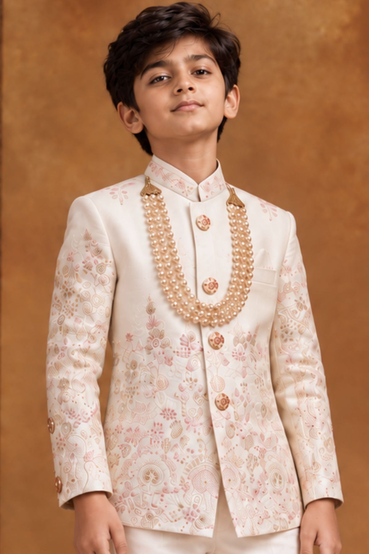 Ivory Embroidered Sherwani Set With Tailored Pants For Boys