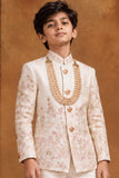 Ivory Embroidered Sherwani Set With Tailored Pants For Boys