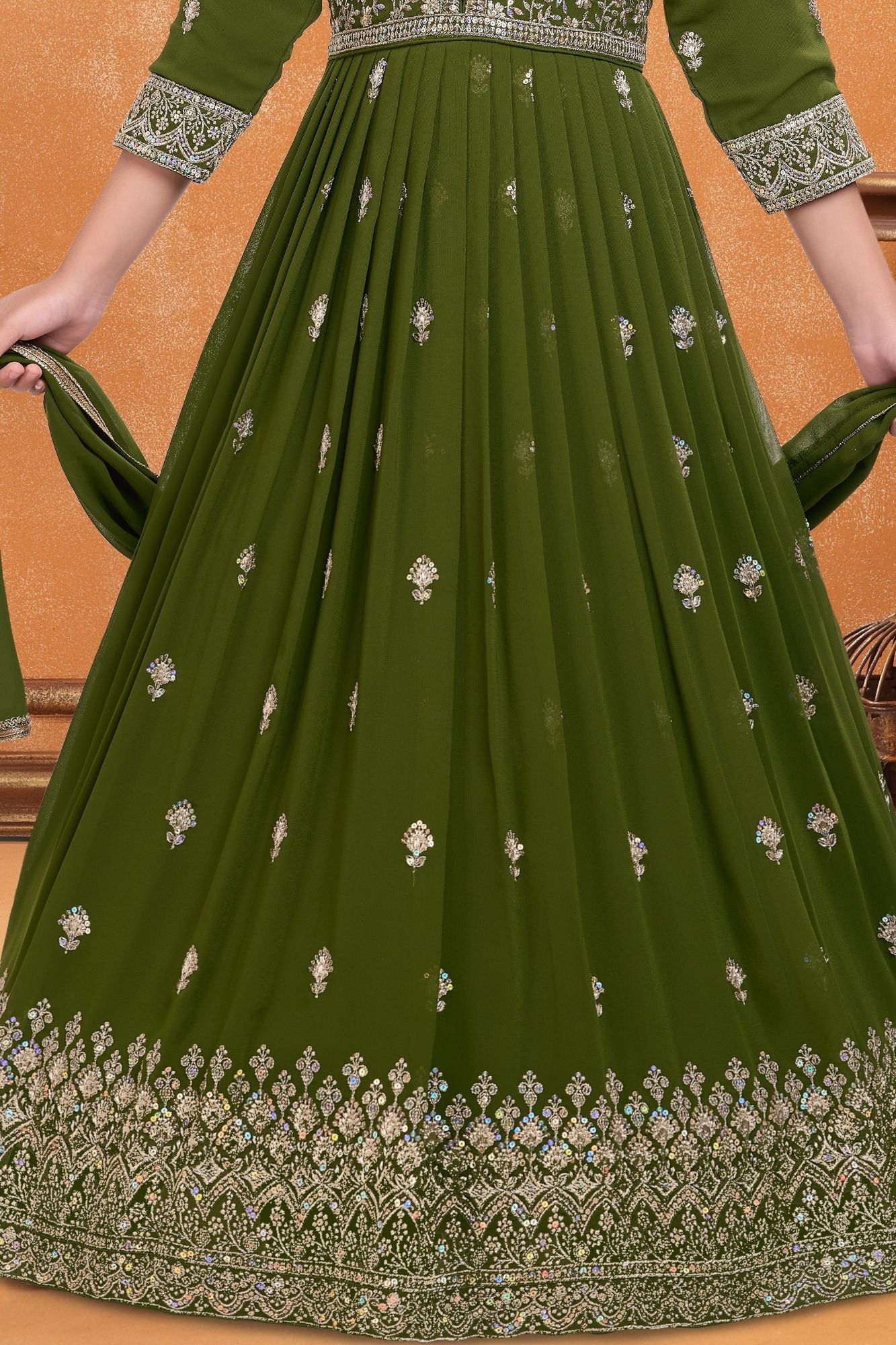 Girls Olive Green Silk Blend Ethnic Gown With Embroidered Neckline And Dupatta
