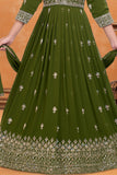 Girls Olive Green Silk Blend Ethnic Gown With Embroidered Neckline And Dupatta