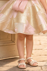 Girls Ivory And Peach Organza Party Frock with Statement Bow