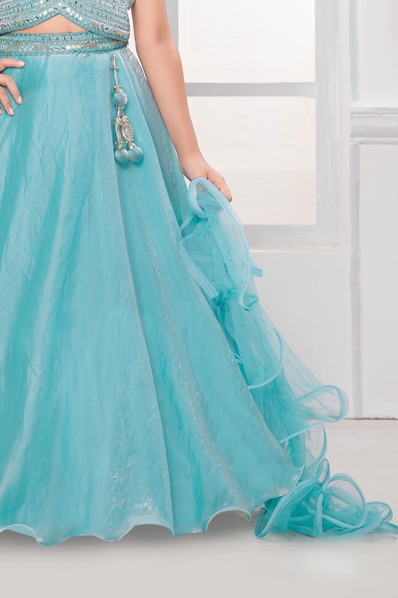 Aqua Blue Mirror Work Embroidered Lehenga Choli For Girls