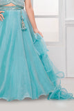 Aqua Blue Mirror Work Embroidered Lehenga Choli For Girls