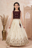 Cream Embroidered Lehenga Choli With Floral Border Design For Girls