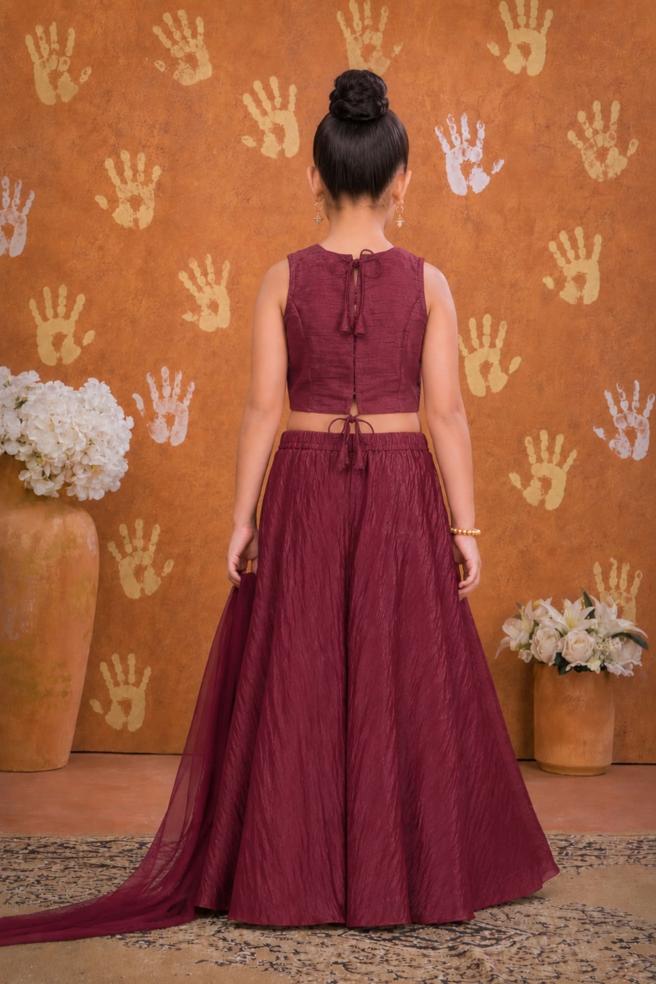 Girls Wine Embroidered Palazzo Set with Dupatta