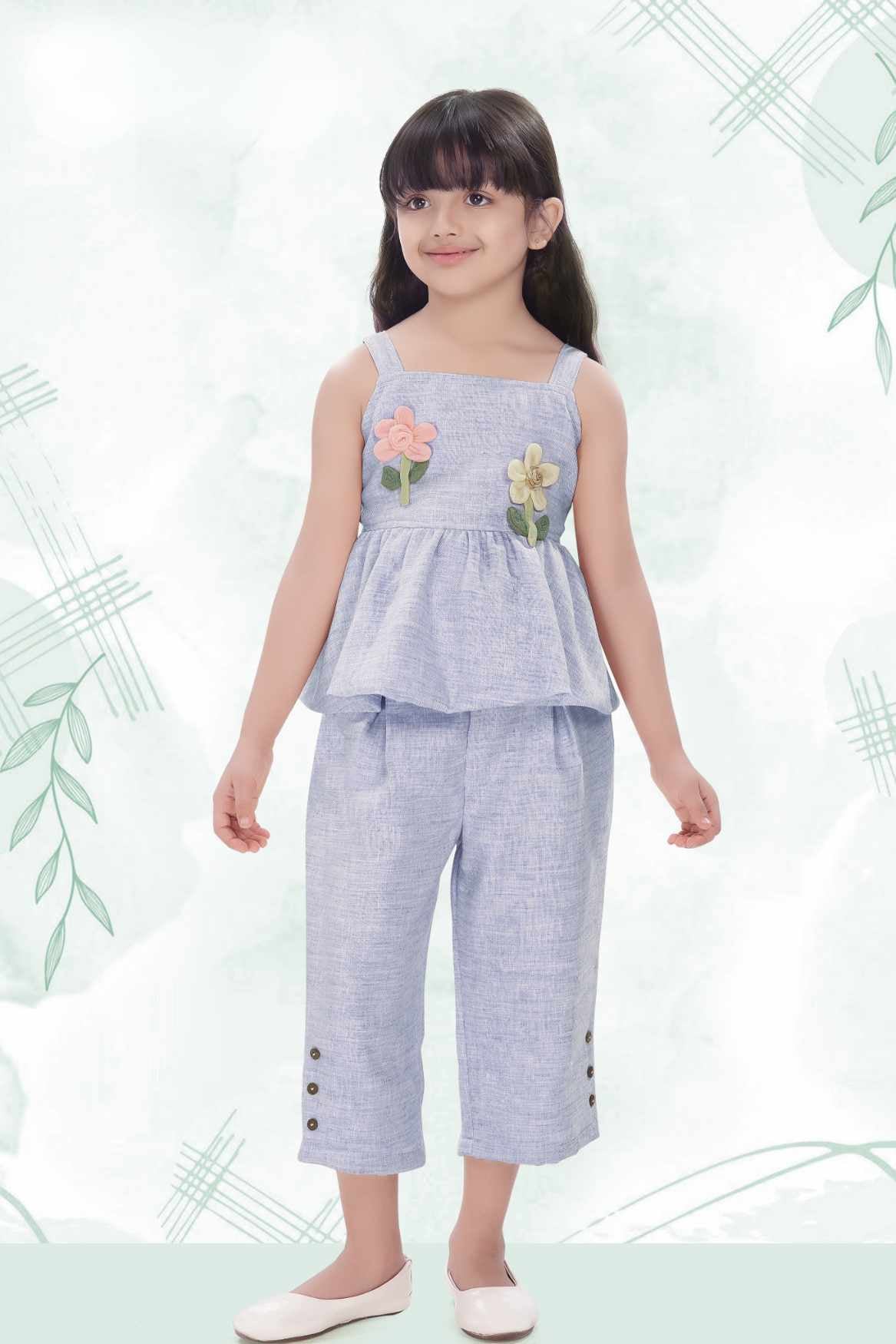 Blue Floral Appliqué And Palazzo Set For Girls