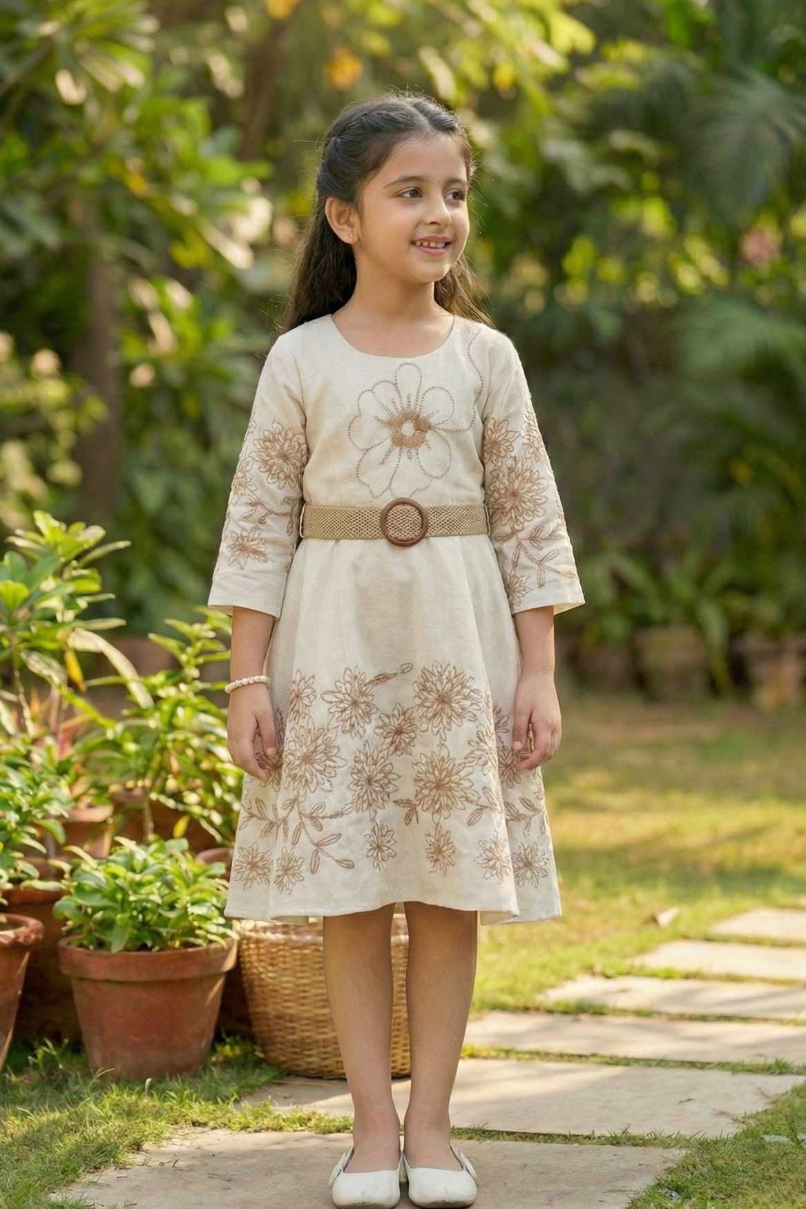 Ivory Floral Embroidered Dress with Waist Band For Girls