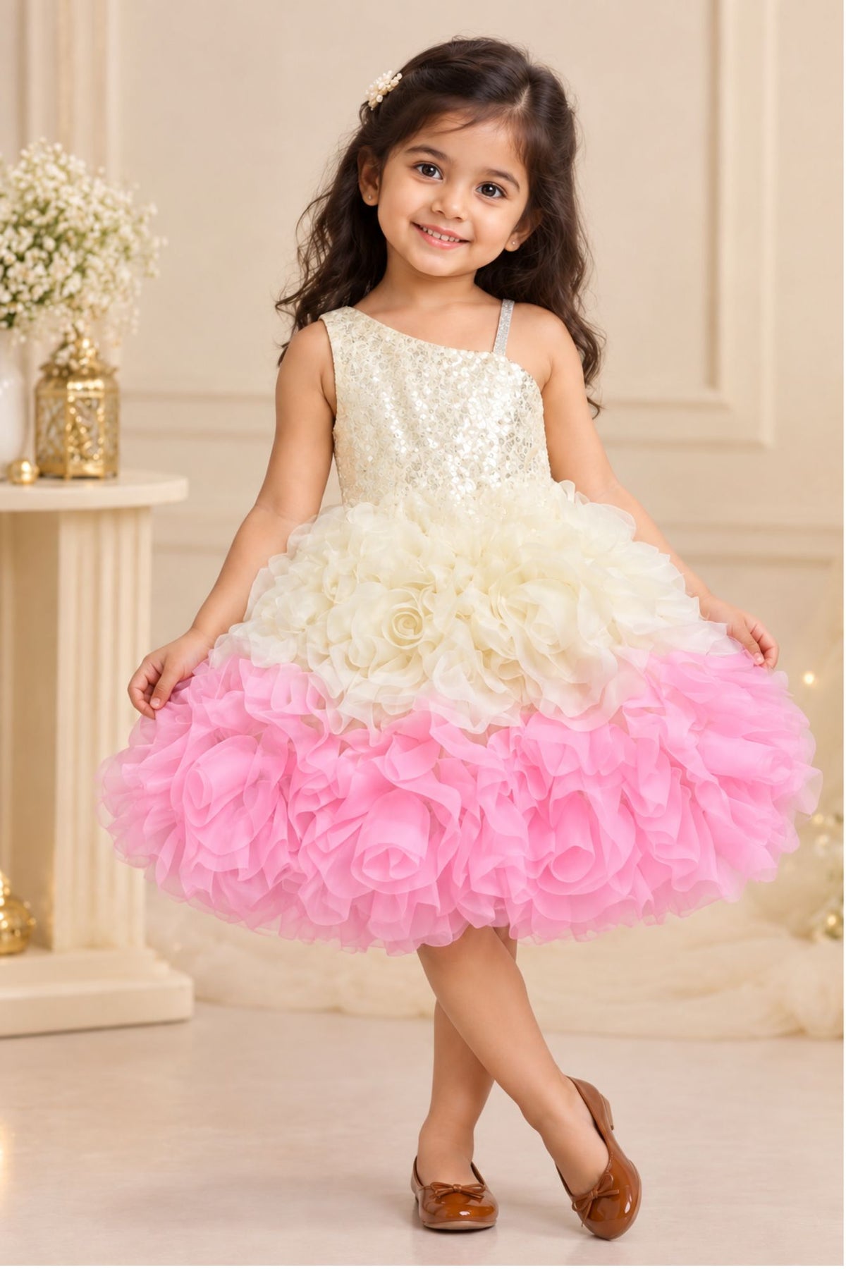 Girls Sequin Embellished Ivory & Pink Ruffle Party Dress