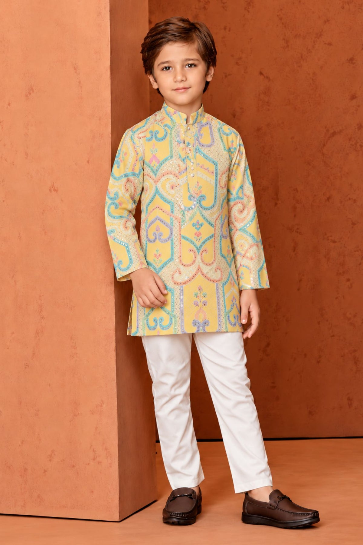 Boys Yellow Multicolor Sequin Embellished Kurta Set