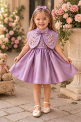 Girls Onion Pink Floral Embroidered Cap Style Party Wear Frock