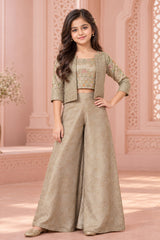 Beige Embroidered Crop Top Palazzo Set with Jacket For Girls