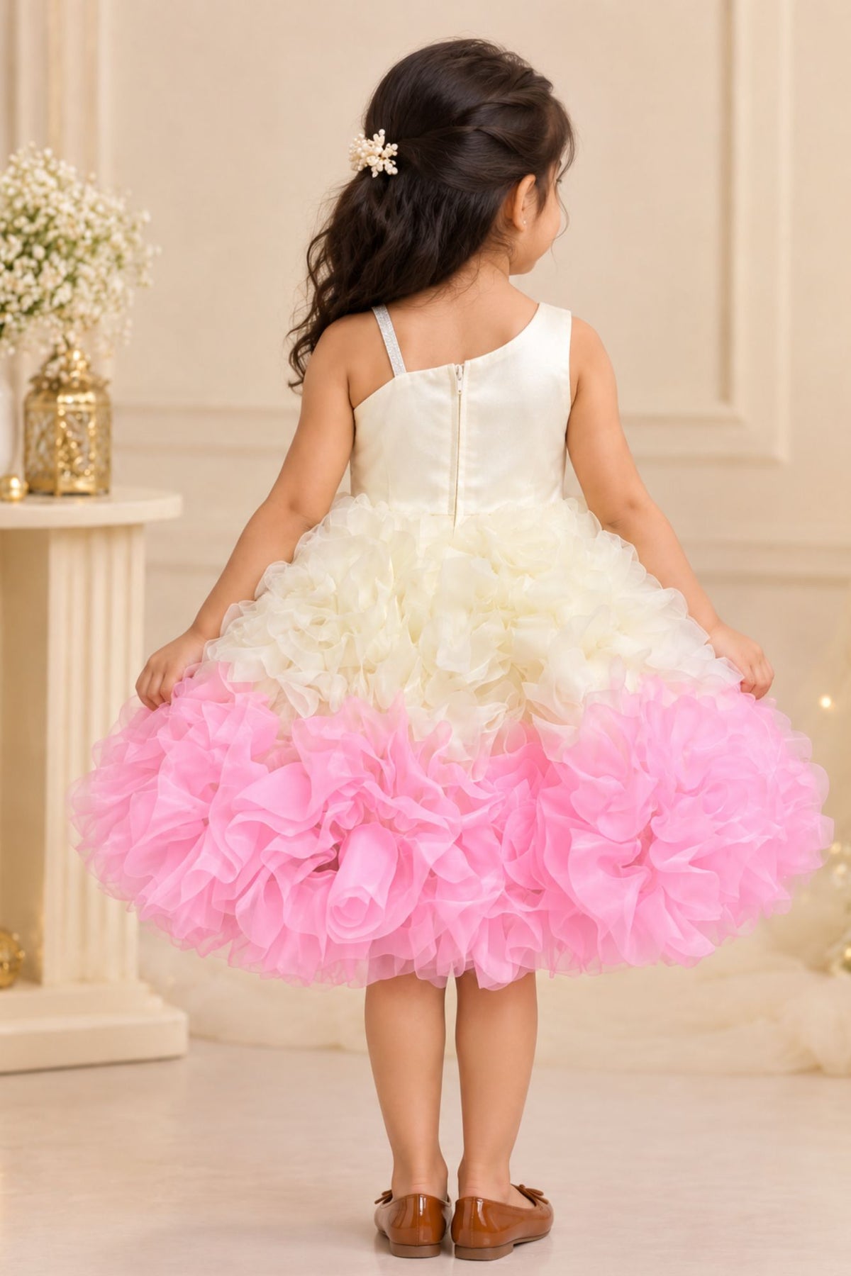 Girls Sequin Embellished Ivory & Pink Ruffle Party Dress