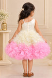 Girls Sequin Embellished Ivory & Pink Ruffle Party Dress