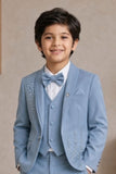 Boys Sky Blue Embellished Coat Suit With Waistcoat And Bow Tie