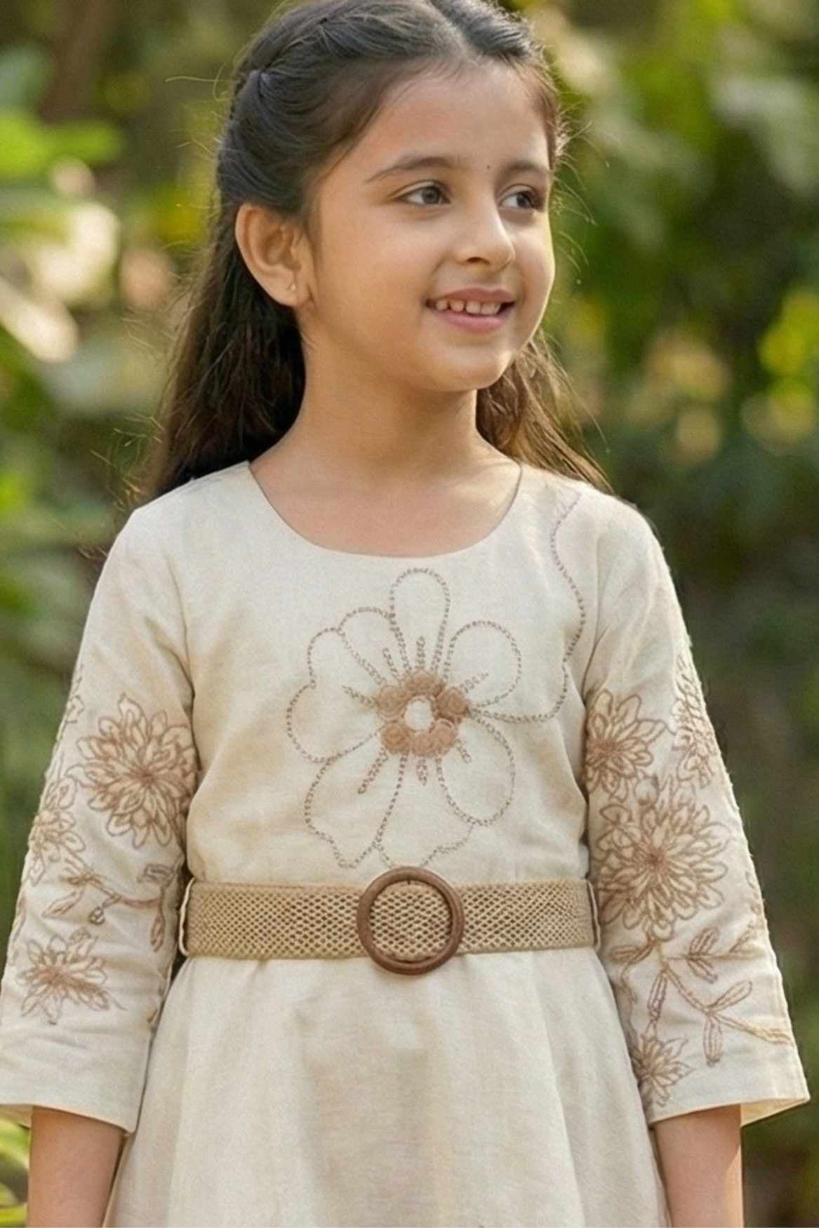 Ivory Floral Embroidered Dress with Waist Band For Girls