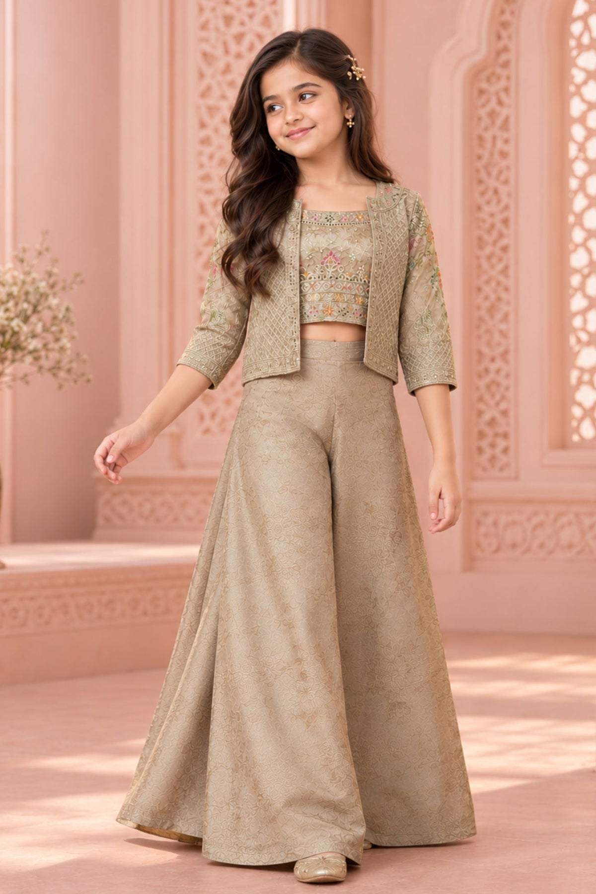 Beige Embroidered Crop Top Palazzo Set with Jacket For Girls