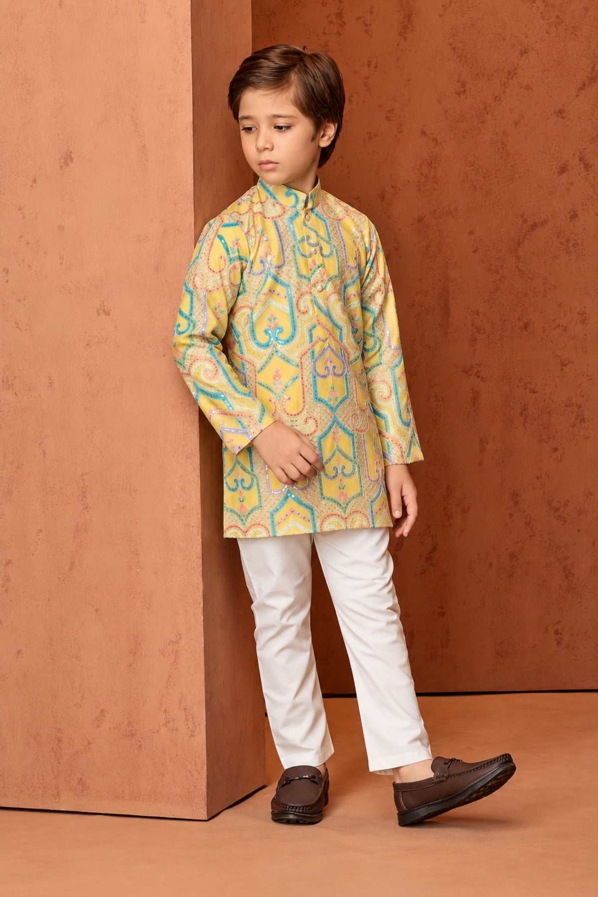 Boys Yellow Multicolor Sequin Embellished Kurta Set