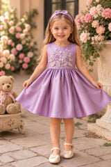 Girls Onion Pink Floral Embroidered Cap Style Party Wear Frock