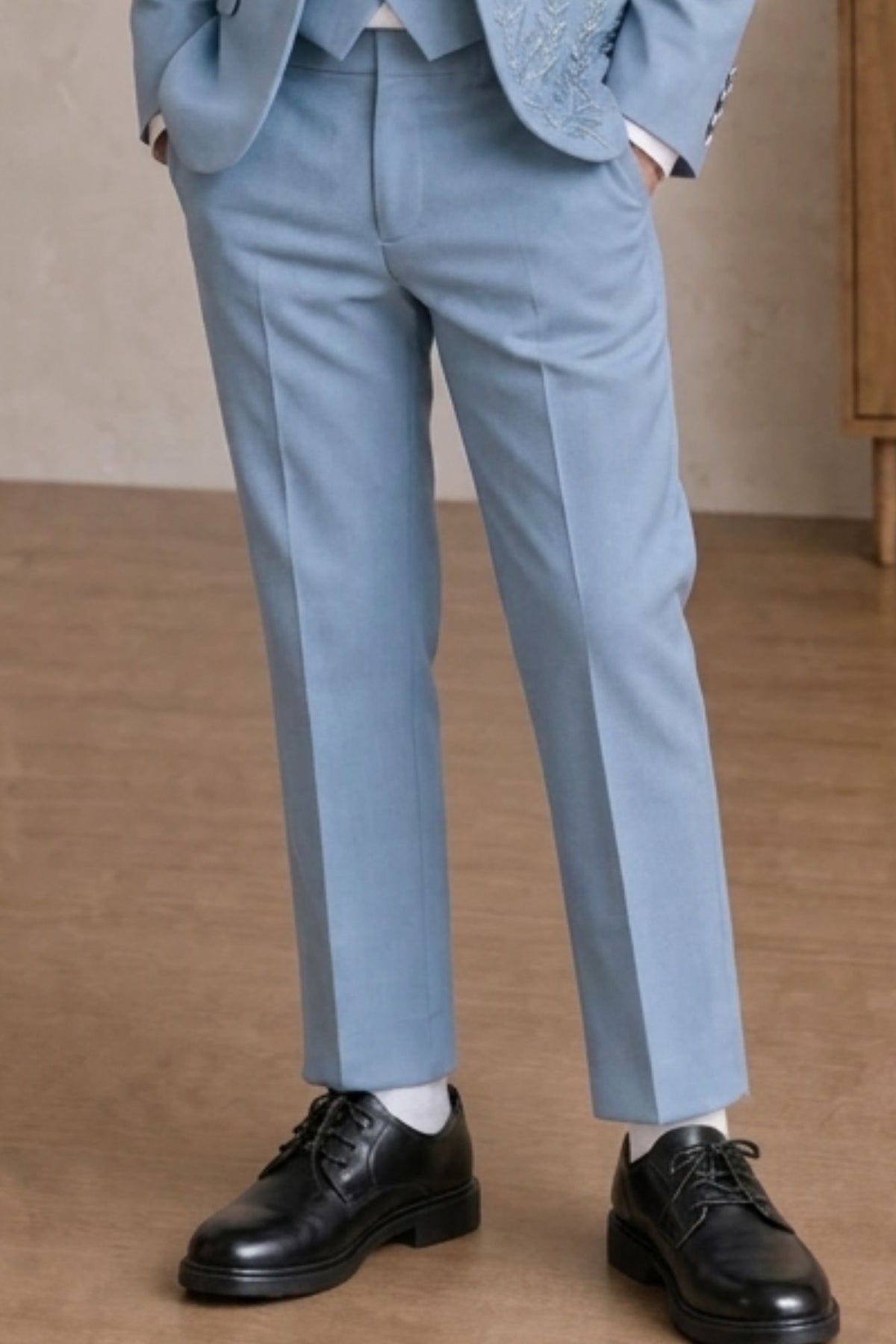 Boys Sky Blue Embellished Coat Suit With Waistcoat And Bow Tie