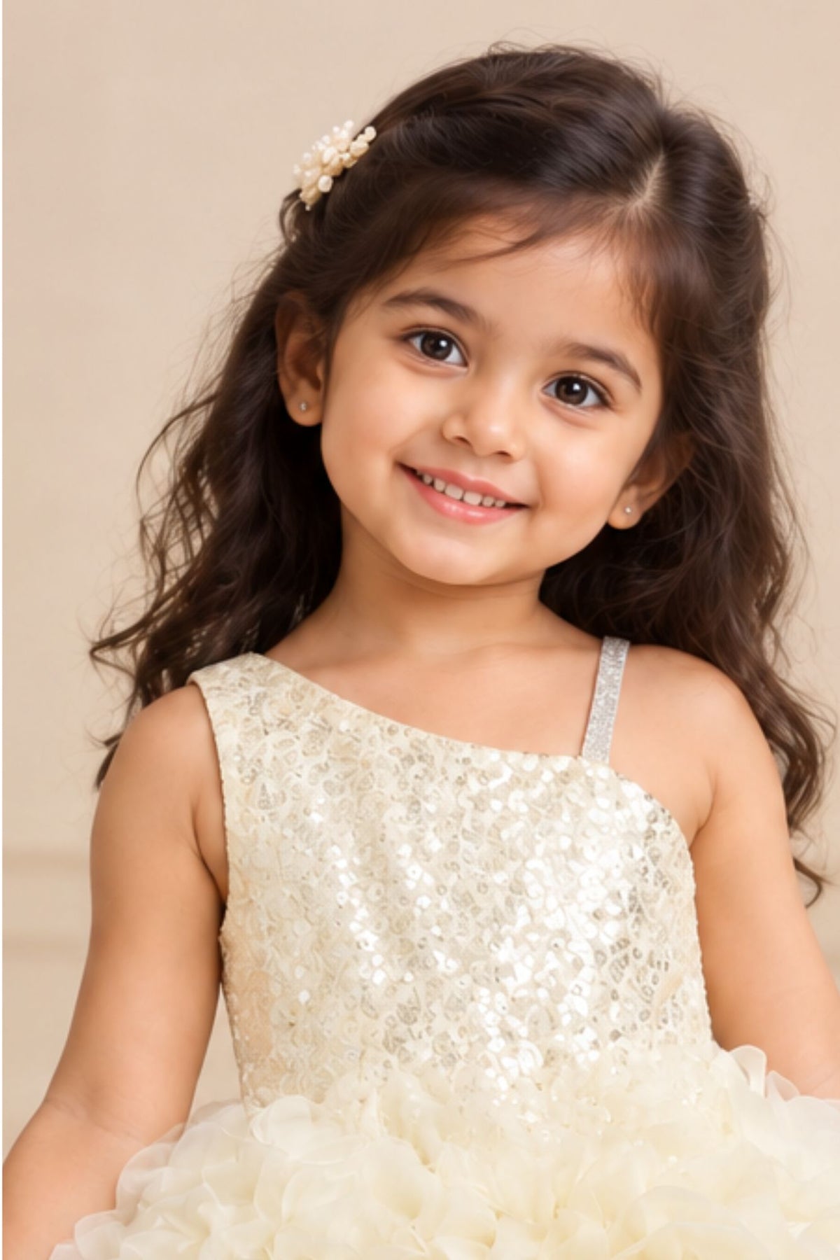 Girls Sequin Embellished Ivory & Pink Ruffle Party Dress