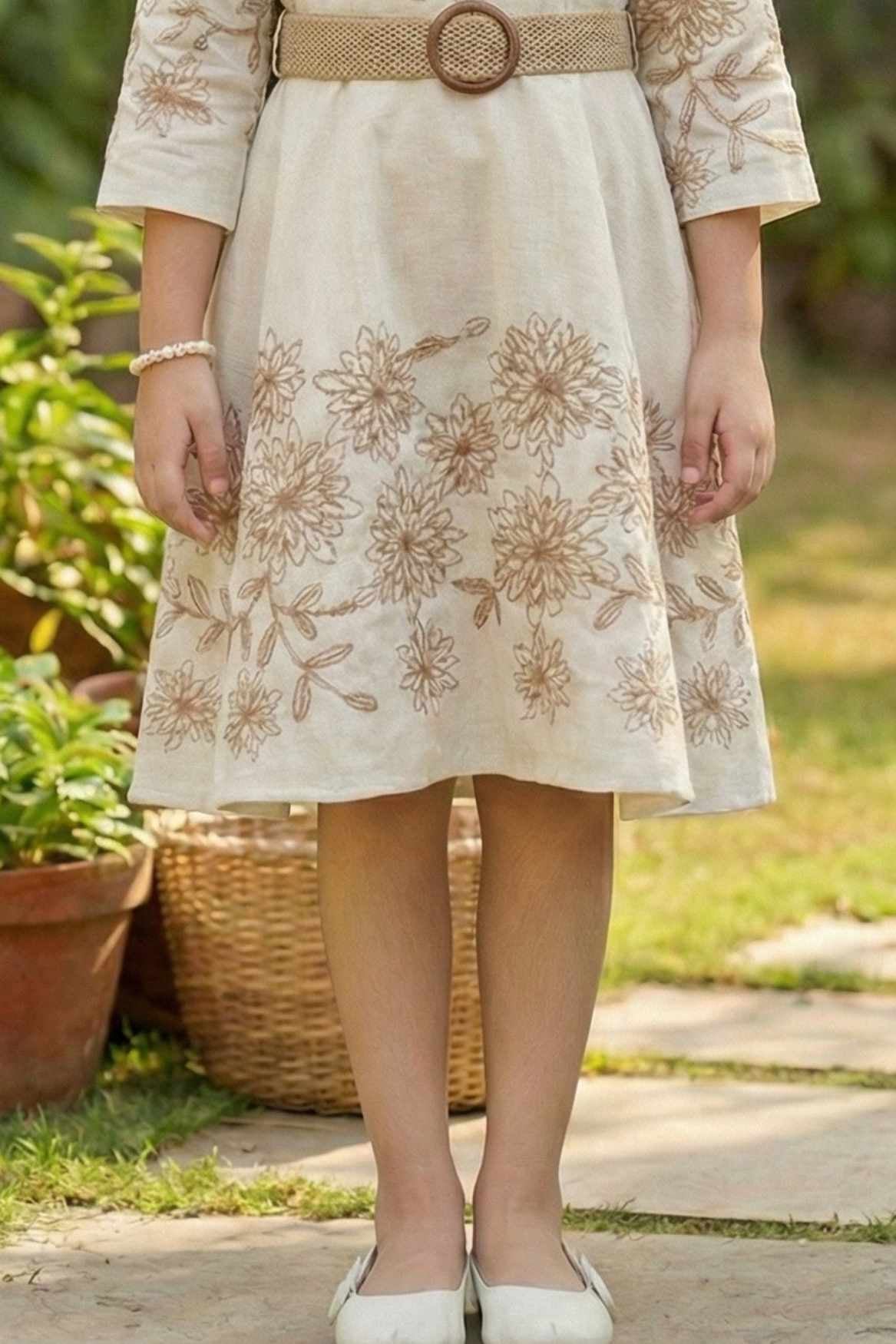 Ivory Floral Embroidered Dress with Waist Band For Girls