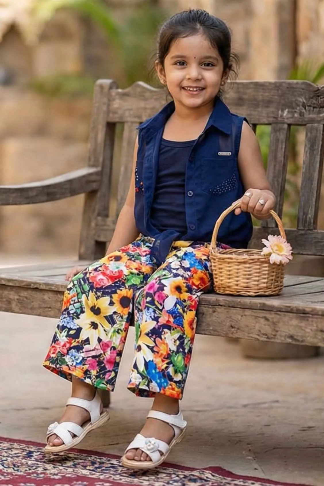 Navy Blue Top With Pants Set For Girls