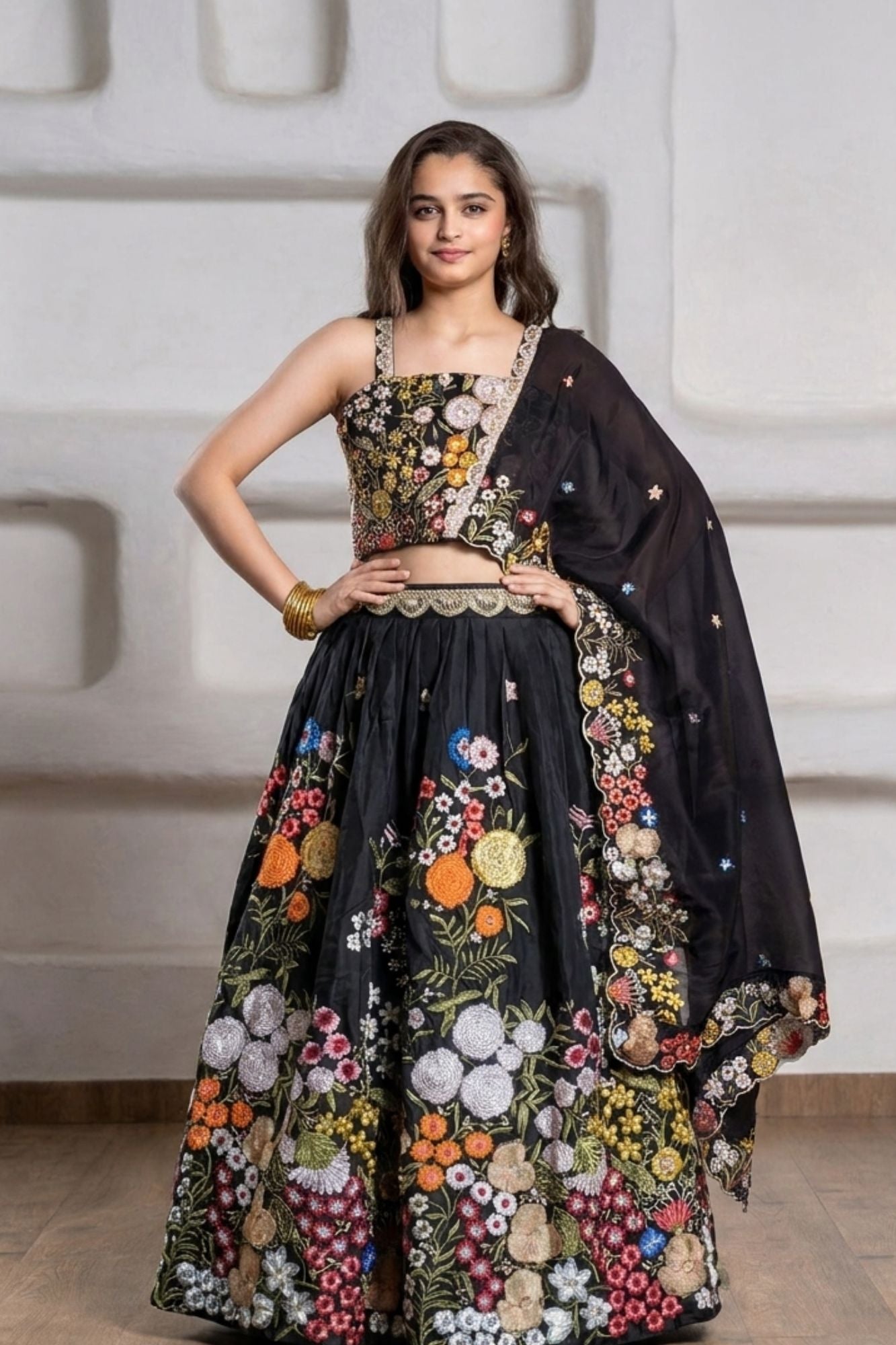 Girls Black Multicolour Floral Embroidered Lehenga Choli