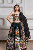 Girls Black Multicolour Floral Embroidered Lehenga Choli