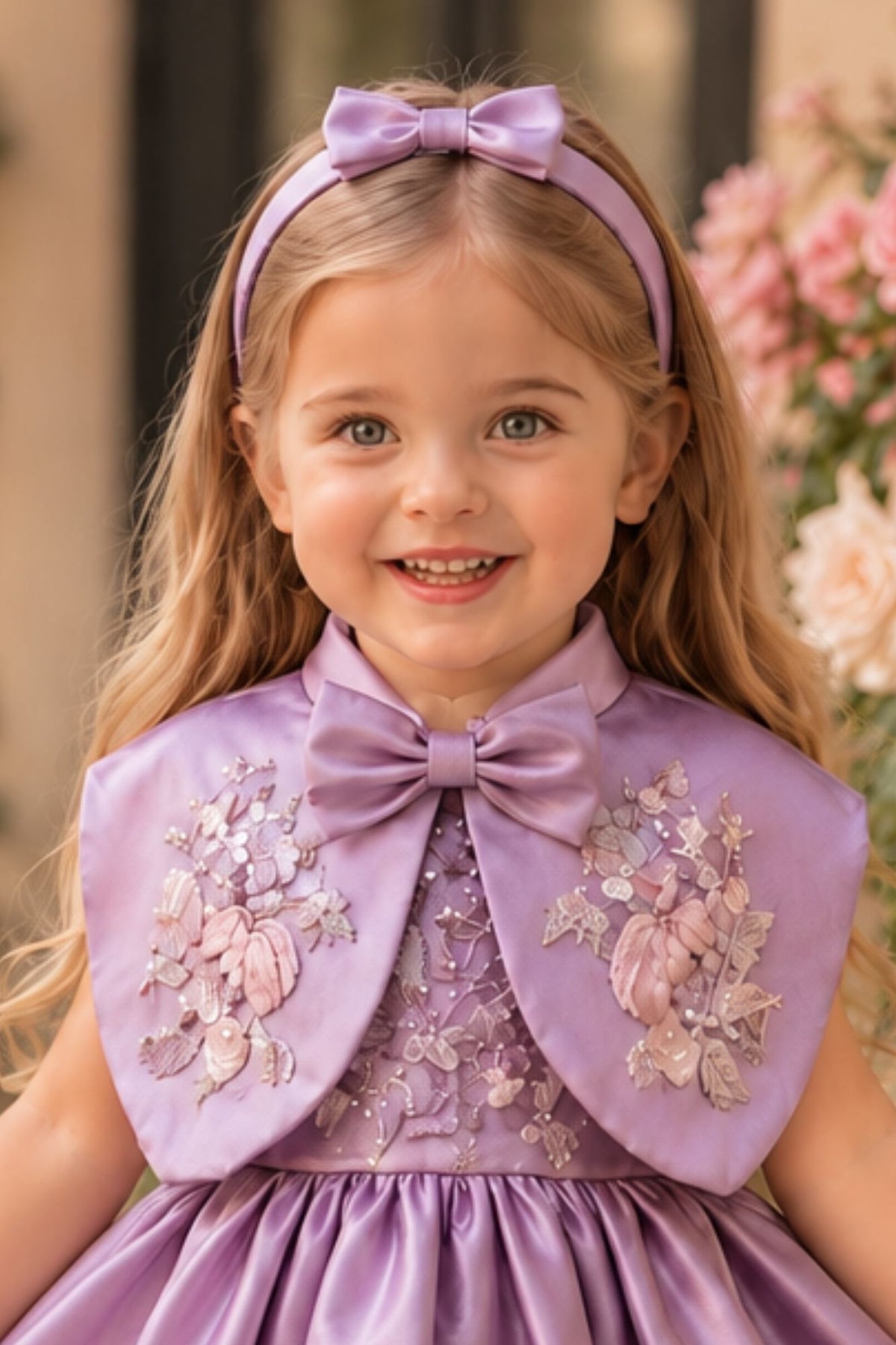 Girls Onion Pink Floral Embroidered Cap Style Party Wear Frock