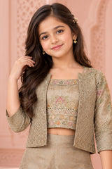 Beige Embroidered Crop Top Palazzo Set with Jacket For Girls